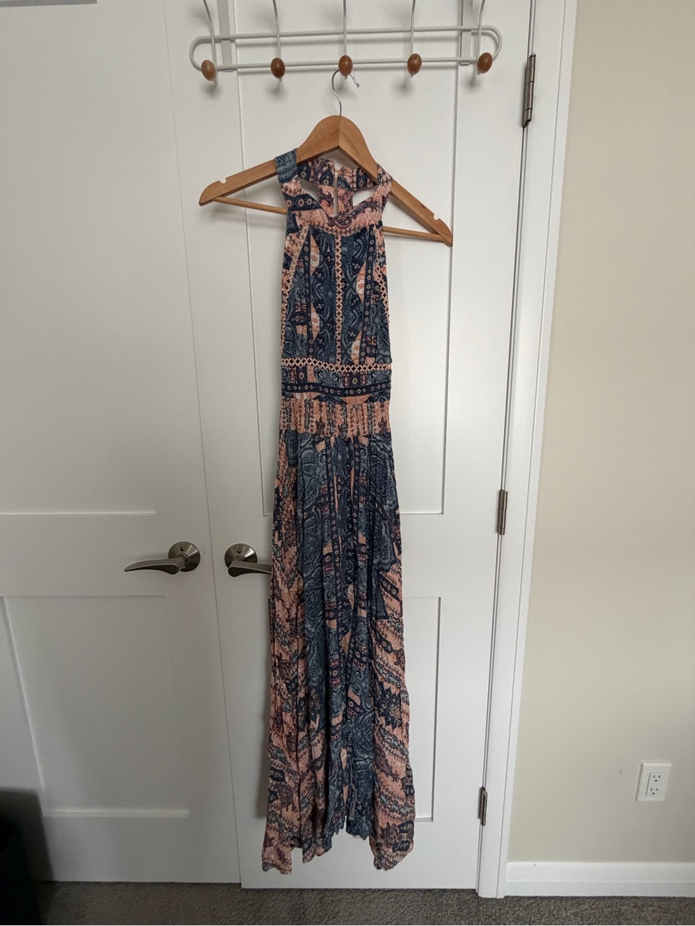 Anthropology Boho Beauty Maxi Dress in Navy and Peach Paisley